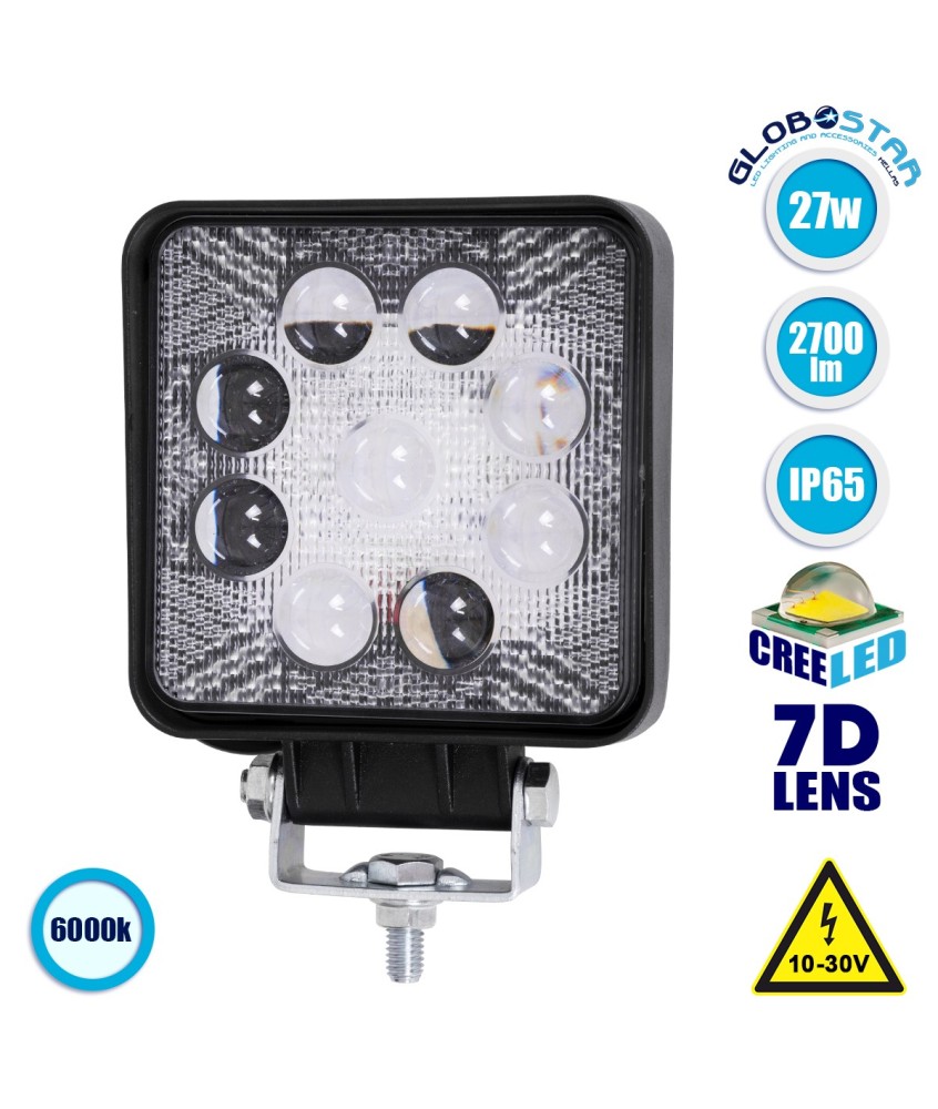 GloboStar® 85405 PRO Series Προβολέας Εργασίας - Working Light για Αυτοκίνητα & Φορτηγά LED CREE XBD 7D 27W 2700lm DC 10-30V Αδιάβροχο IP65 Ψυχρό Λευκό 6000K